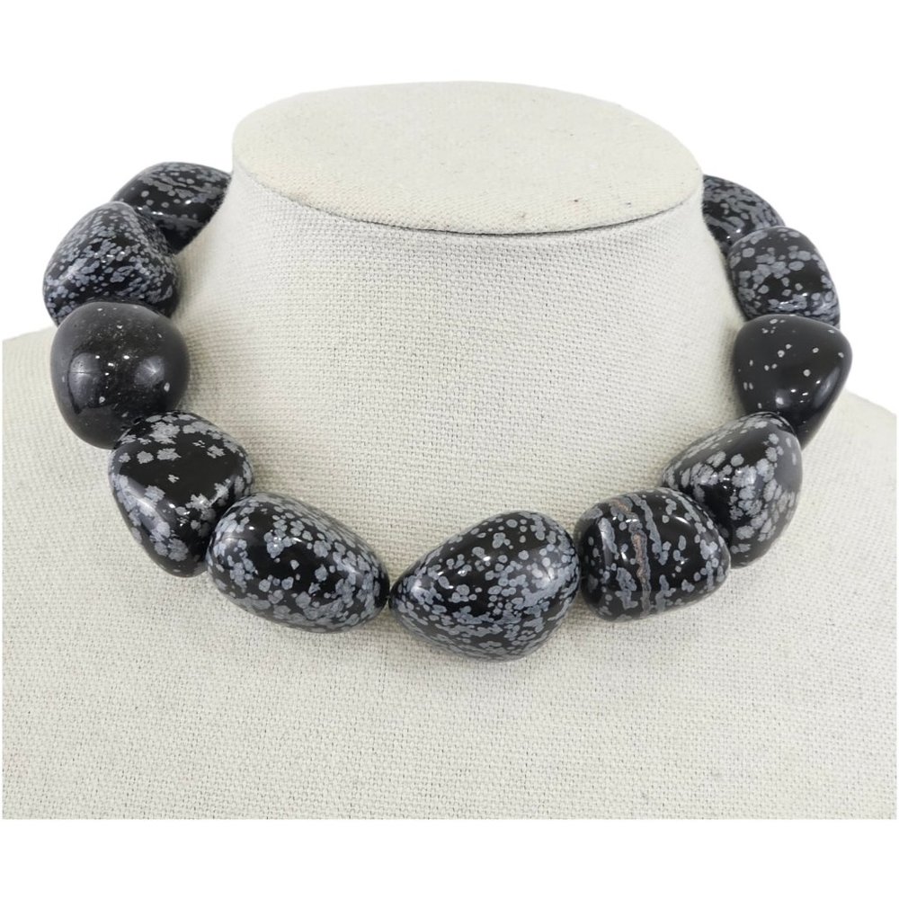 Femme Gems Vintage Snowflake Obsidian Collared Necklace 16" Rose Quartz 322g Z8